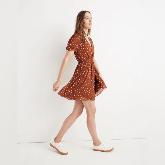 MADEWELL Smocked-Waist Mini Dress in Inkspot Dots Rust Brown Size Small - Picture 11 of 11